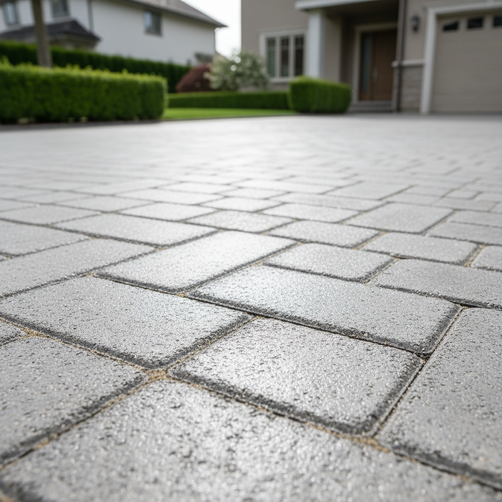 A clean, freshly washed driveway made of light gray concrete paving blocks, the surface still slightly damp and subtly reflective after professional pressure washing. Fine textures of the individual bricks and neatly brushed sand joints are clearly visible. Surrounding the driveway is a well-kept suburban front yard with trimmed hedges and a neutral-colored house facade in the softly blurred background. Captured in bright but diffused daylight under a lightly overcast sky, with gentle shadows that enhance the surface structure. Photographic realism, eye-level composition with a slight diagonal perspective, sharp focus on the foreground paving leading into soft depth of field, conveying professionalism, cleanliness, and reliable exterior cleaning services for homes and businesses.