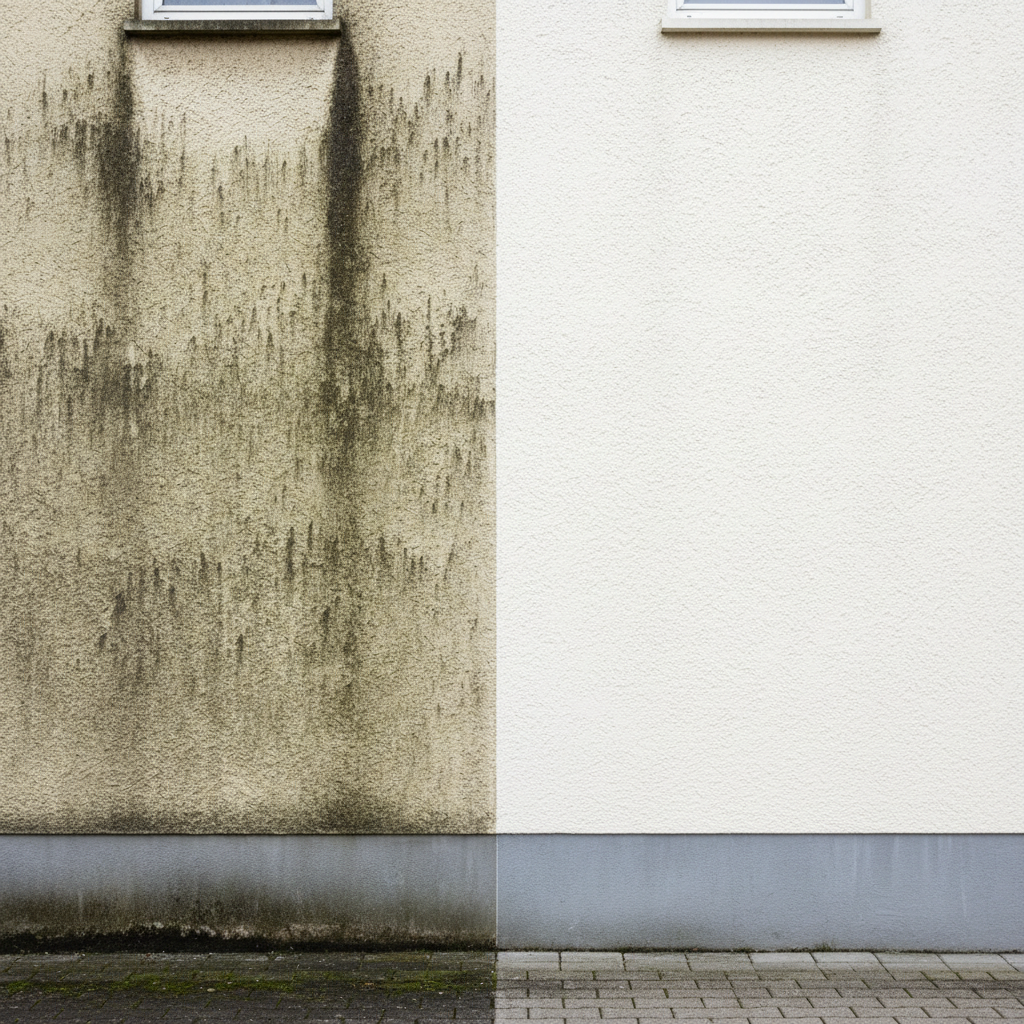 Detailed view of a light-colored house facade with textured plaster, half of it noticeably darkened by old dirt and algae, and the other half bright and clean after pressure washing. The transition line between dirty and cleaned sections runs vertically through the frame, making the difference striking. Beneath the facade, a band of washed concrete plinth and a strip of clean paving stones add context. Captured in soft, even daylight with neutral tones that emphasize the color restoration of the facade. Photographic realism, straight-on frontal composition with sharp focus across the entire surface, creating a clear before-and-after effect that highlights the effectiveness of professional exterior wall cleaning.