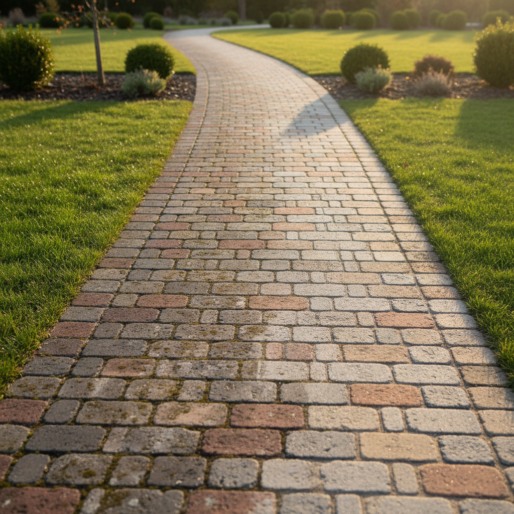 A long, gently curving walkway of aged cobblestone-style paving blocks partially covered in dark stains and lichen, transitioning into a pristine, freshly pressure-washed section. The cleaned portion reveals varied stone colors—light grays, muted reds, and beiges—with sand joints neatly restored. Surrounding the path is a simple, manicured lawn and a minimalistic garden border with small shrubs, softly out of focus. Late afternoon light casts a warm, golden tone, emphasizing textures and creating subtle, directional shadows along the stone edges. Photographic realism, composed from a low, leading-line perspective that draws the eye from the dirty foreground into the clean distance, highlighting the dramatic impact of professional paving restoration.