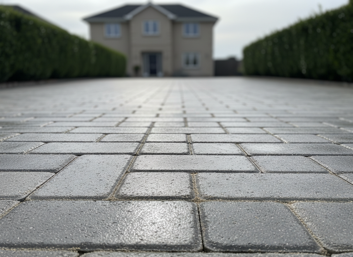A clean, freshly washed driveway made of light gray concrete paving blocks, the surface still slightly damp and subtly reflective after professional pressure washing. Fine textures of the individual bricks and neatly brushed sand joints are clearly visible. Surrounding the driveway is a well-kept suburban front yard with trimmed hedges and a neutral-colored house facade in the softly blurred background. Captured in bright but diffused daylight under a lightly overcast sky, with gentle shadows that enhance the surface structure. Photographic realism, eye-level composition with a slight diagonal perspective, sharp focus on the foreground paving leading into soft depth of field, conveying professionalism, cleanliness, and reliable exterior cleaning services for homes and businesses.