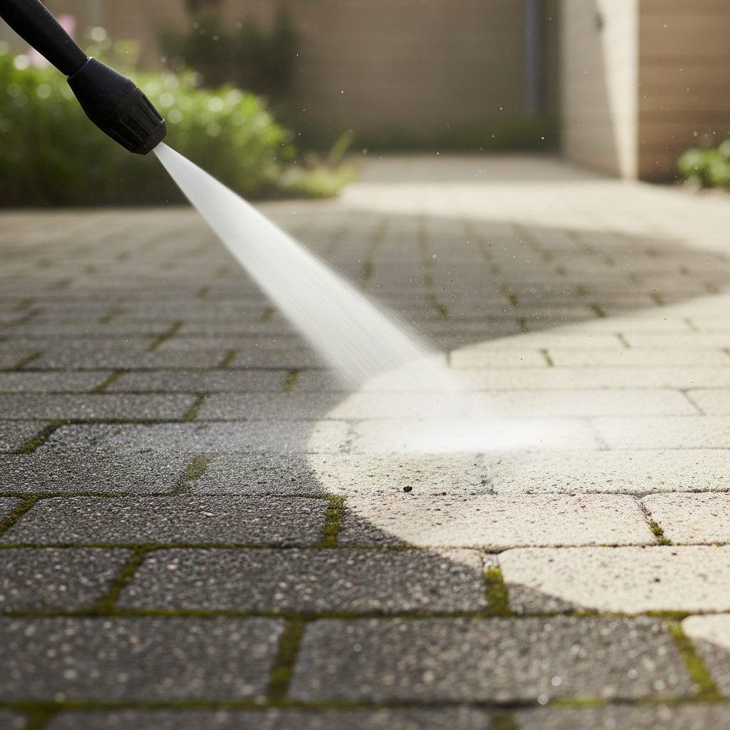 Close-up, highly detailed view of a pressure washer lance spraying a precise fan of water onto weathered concrete paving stones, dramatically lifting dark dirt and green moss from between the joints. The frame captures a clear contrast between the uncleaned, darker area and the bright, freshly cleaned section of paving. Tiny water droplets hang in the air and form a fine mist around the cleaned zone, glistening in soft, natural daylight. The background shows an out-of-focus garden path and a neutral building facade. Photographic realism, shot from a low, side angle with a shallow depth of field, emphasizing the transformation and technical precision of professional pressure washing, with a clean, modern, businesslike atmosphere.