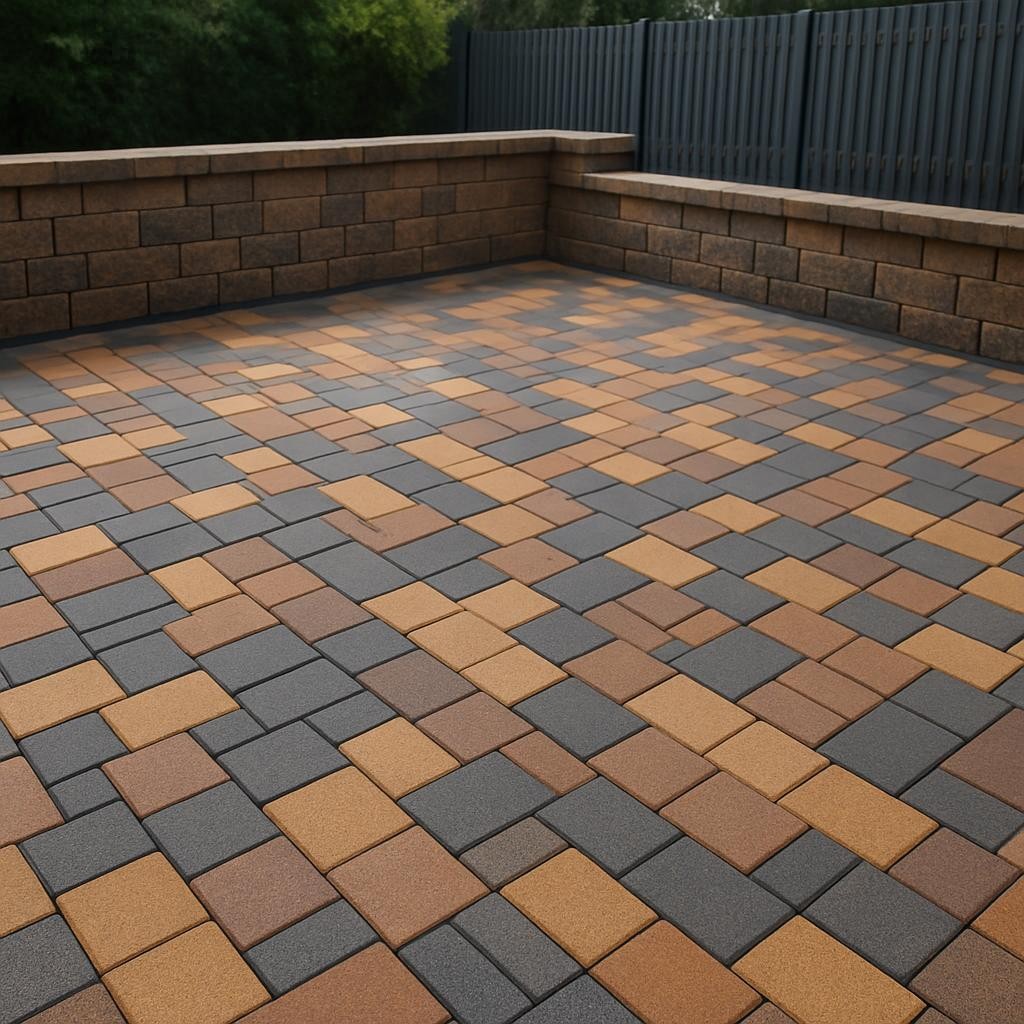 A neatly arranged outdoor terrace paved with multicolored concrete bricks—warm sand, brown, and charcoal tones—freshly cleaned so that each color appears distinct and saturated. A low retaining wall made of matching blocks lines the back, and a simple, modern fence stands beyond, slightly blurred. The surface shows no moss or stains, only the natural texture of the stone. Midday but slightly diffused sunlight provides clear, even illumination, creating soft, defined shadows along the brick joints. Photographic realism, shot from a slightly elevated angle to show the geometric pattern of the paving and the orderly outdoor space, exuding a crisp, professional, and well-maintained atmosphere ideal for showcasing high-quality paving cleaning services.